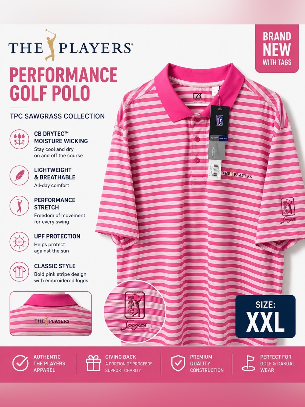 Cutter & Buck CB DryTec THE PLAYERS TPC Sawgrass Pink Stripe Golf Polo XXL NWT